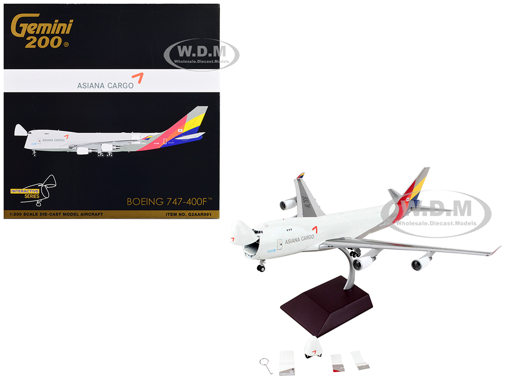 Boeing 747-400F Commercial Aircraft "Asiana Cargo" White with Striped Tail "Gemini 200 - Interactive" Series 1/200 Diecast Model Airplane by GeminiJe