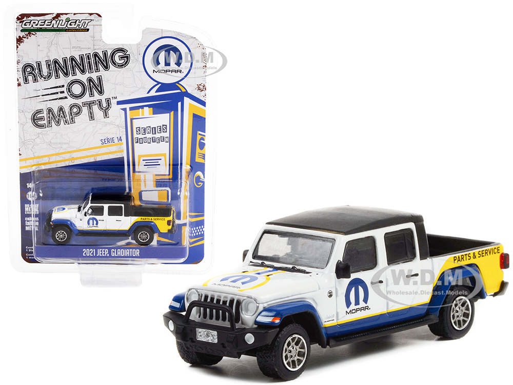 2021 Jeep Gladiator Pickup Truck White with Matt Black Top and Graphics MOPAR Parts & Service Running on Empty Series 14 1/64 Diecast Model Car by Greenlight
