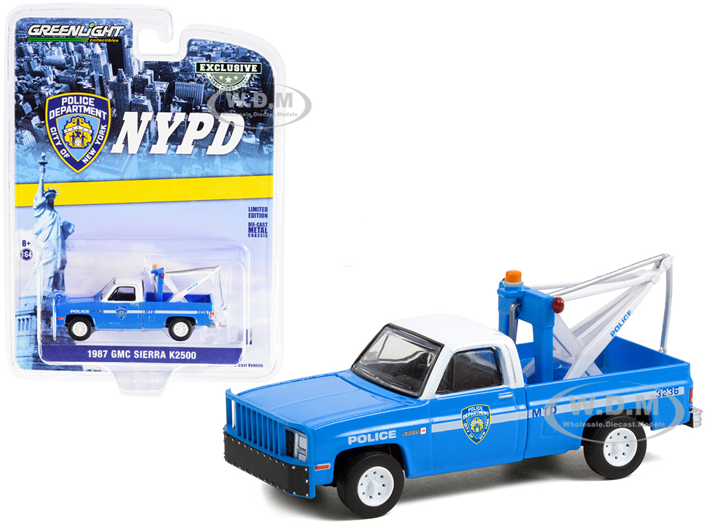 1987 GMC Sierra K2500 Tow Truck With Drop In Tow Hook Blue With White Top New York City Police Dept (NYPD) Hobby Exclusive 1/64 Diecast Model Car