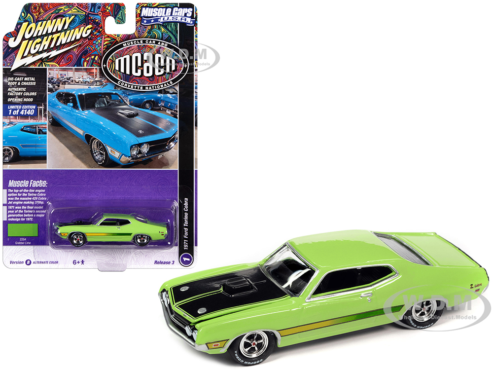 1971 Ford Torino Cobra Grabber Lime Green with Stripes MCACN (Muscle Car and Corvette Nationals) Limited Edition to 4140 pieces Worldwide Muscle Cars USA Series 1/64 Diecast Model Car by Johnny Lightning
