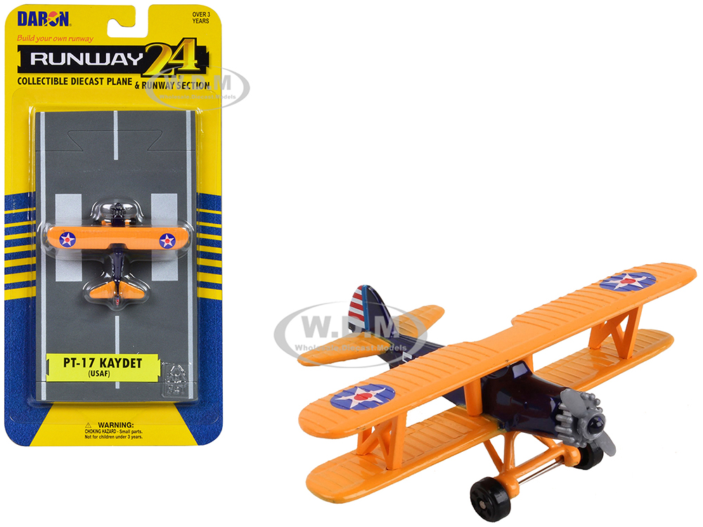 Boeing-Stearman Model 75 PT-17 Kaydet Aircraft Blue And Orange High Flyer-United States Air Force With Runway Section Diecast Model Airplane By Run