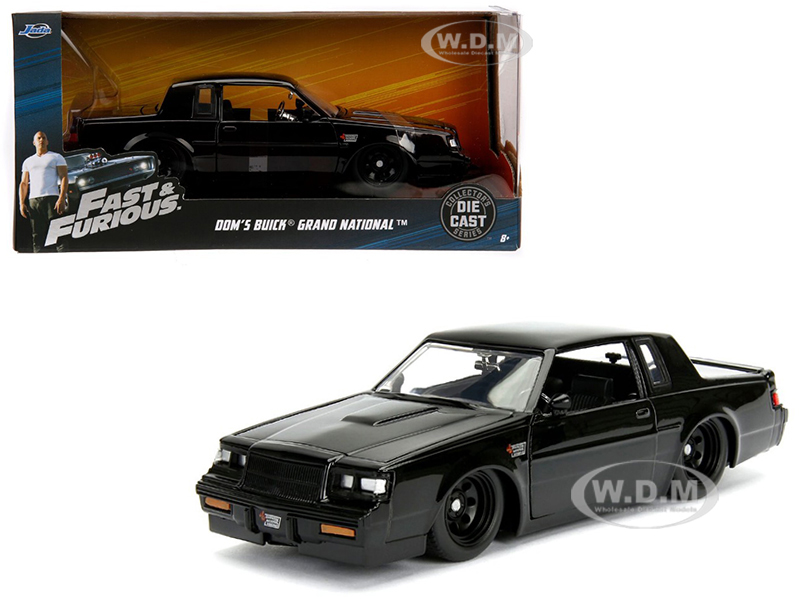 Brand new 1:24 scale diecast model car of Doms Buick Grand National Black "Fast & Furious"Moviedie cast car model by Jada.Brand new box.Real rubber tires.Detailed interior exterior.Has opening hood trunkand doors.Made of diecast with some plastic parts.Dimensions approximately L-8.25 W-3 H-2.5 inches.