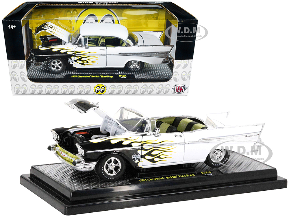 1957 Chevrolet Bel Air Hardtop Bright White with Flames "Mooneyes" Limited Edition to 6450 pieces Worldwide 1/24 Diecast Model Car by M2 Machines