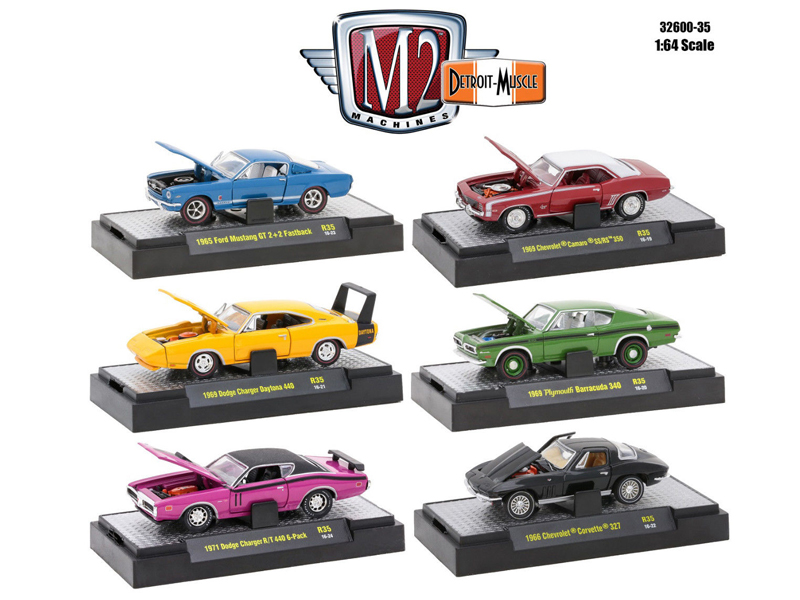 Detroit Muscle 6 Cars Set Release 35 In Display Cases 1/64 Diecast Model Cars By M2 Machines