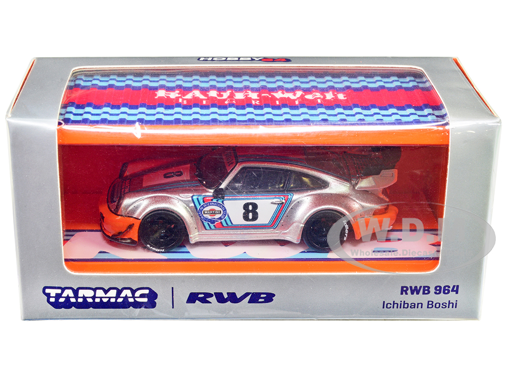 RWB 964 #8 Silver Metallic with Graphics Ichiban Boshi with Shipping Container Display Case 1/64 Diecast Model Car by Tarmac Works