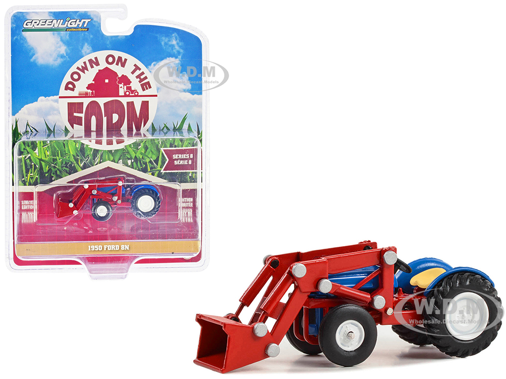 1950 Ford 8N Tractor with Front Loader Blue and Red "Down on the Farm" Series 8 1/64 Diecast Model by Greenlight