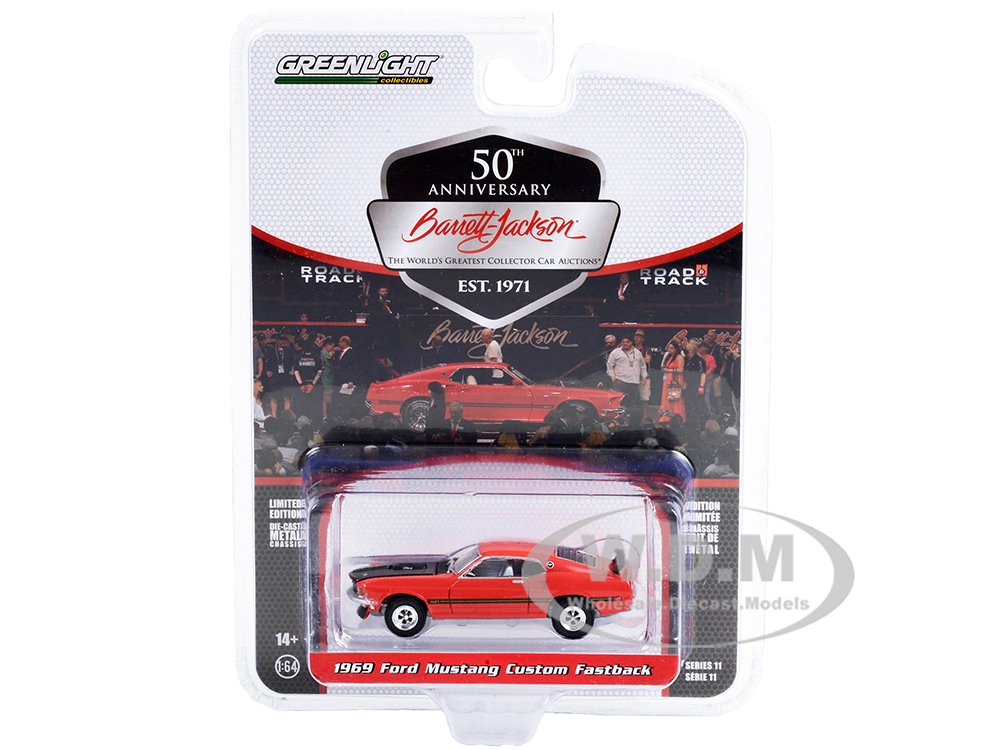 1969 Ford Mustang Custom Fastback Race Red with Black Hood and Stripes (Lot 765.1) 1/64 Diecast Model Car by Greenlight