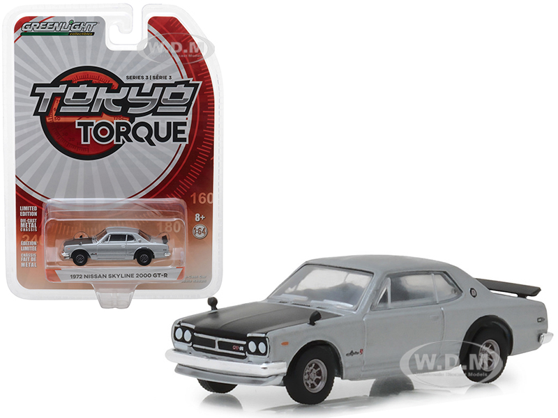 Image of 1972 Nissan Skyline 2000 GT-R Silver with Black Hood "Tokyo Torque" Series 3 1/64 Diecast Model Car by Greenlight