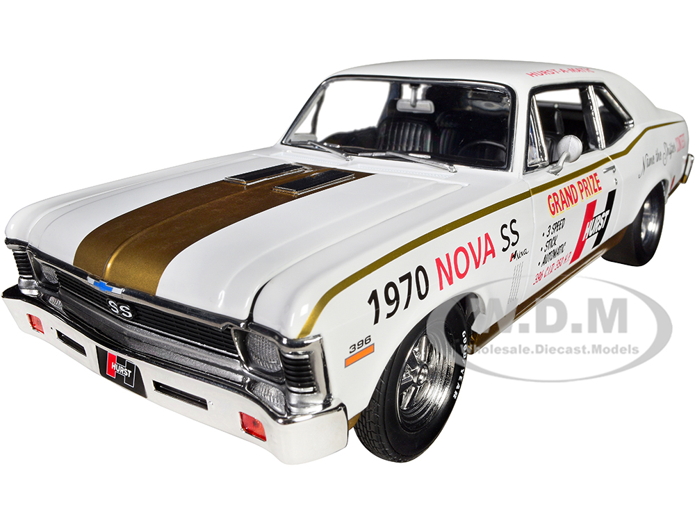 1970 Chevrolet Nova SS White with Graphics Hurst - Name the Shifter Contest Grand Prize Limited Edition to 564 pieces Worldwide 1/18 Diecast Model Car by GMP