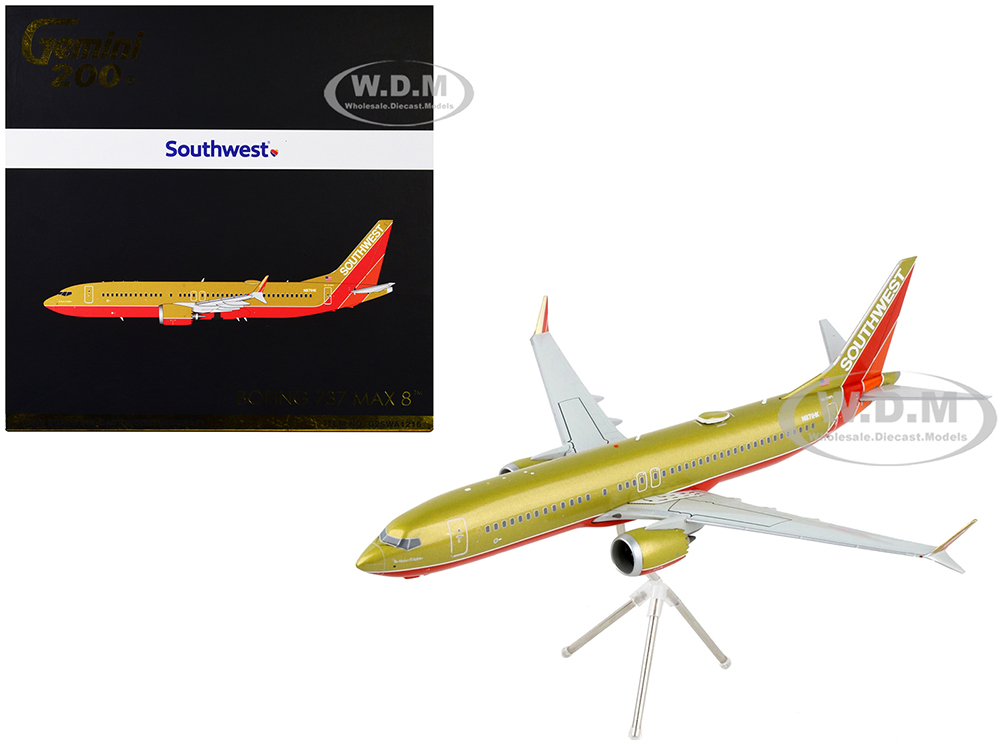 Boeing 737 MAX 8 Commercial Aircraft Southwest Airlines Gold and Red Gemini 200 Series 1/200 Diecast Model Airplane by GeminiJets