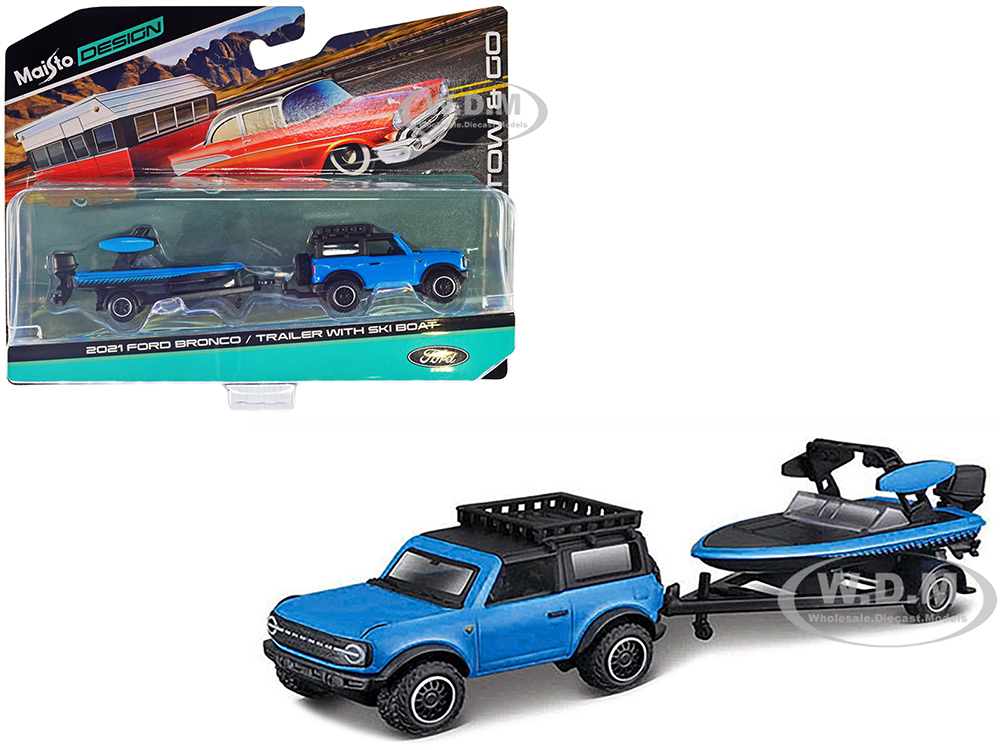 2021 Ford Bronco Blue with Black Top and Roof Rack and Ski Boat with Trailer Blue and Black 