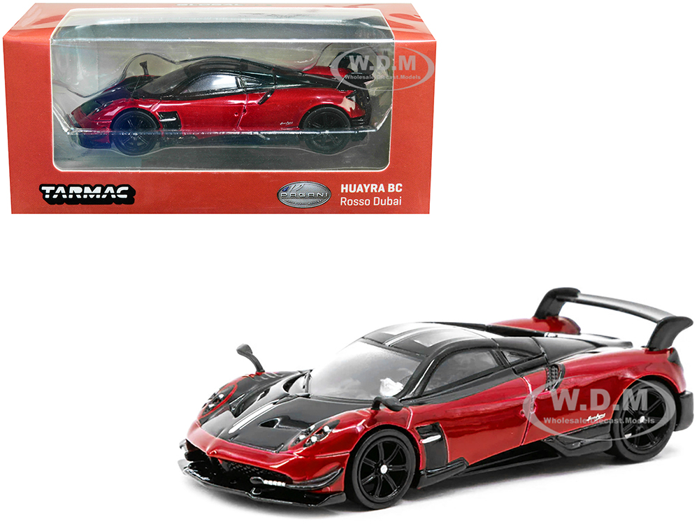 Pagani Huayra BC Rosso Dubai Red Metallic and Black with Silver Stripes Global64 Series 1/64 Diecast Model Car by Tarmac Works