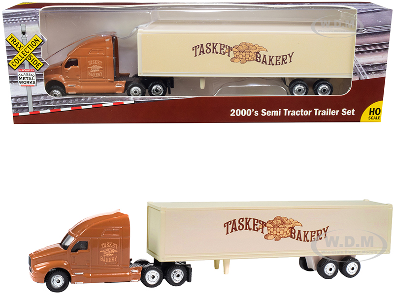 Image of 2000s Semi Tractor Trailer Truck Brown and Cream "Tasket Bakery" "TraxSide Collection" 1/87 (HO) Scale Diecast Model by Classic Metal Works