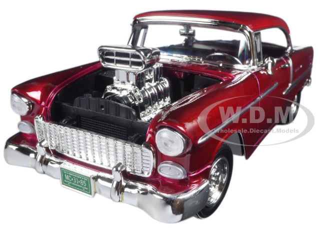 Image of 1955 Chevrolet Bel Air Burgundy With Blower Timeless Classics 1/18 Diecast Model Car by Motormax