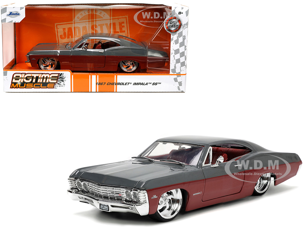 1967 Chevrolet Impala SS Gray and Burgundy with Burgundy Interior "Bigtime Muscle" Series 1/24 Diecast Model Car by Jada