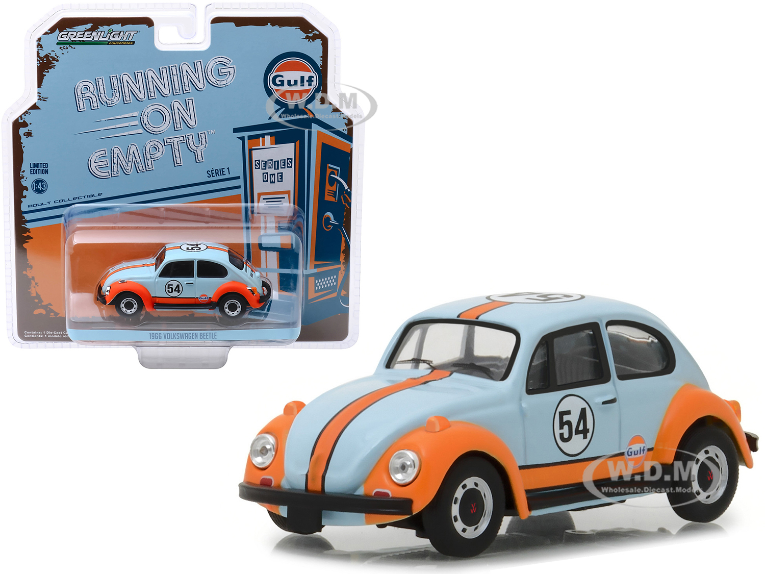 1966 Volkswagen Beetle 54 "gulf Oil" Light Blue And Orange "running On Empty" Release 1 1/43 Diecast Model Car By Greenlight
