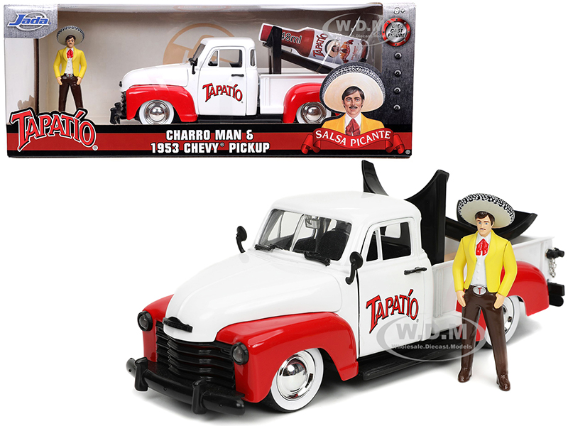 1953 Chevrolet Pickup Truck White and Red with Charro Man Diecast Figurine Tapatio 1/24 Diecast Model Car by Jada