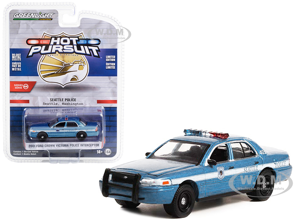 2001 Ford Crown Victoria Police Interceptor Blue Metallic Seattle Police Seattle Washington Hot Pursuit Series 44 1/64 Diecast Model Car by Greenlight