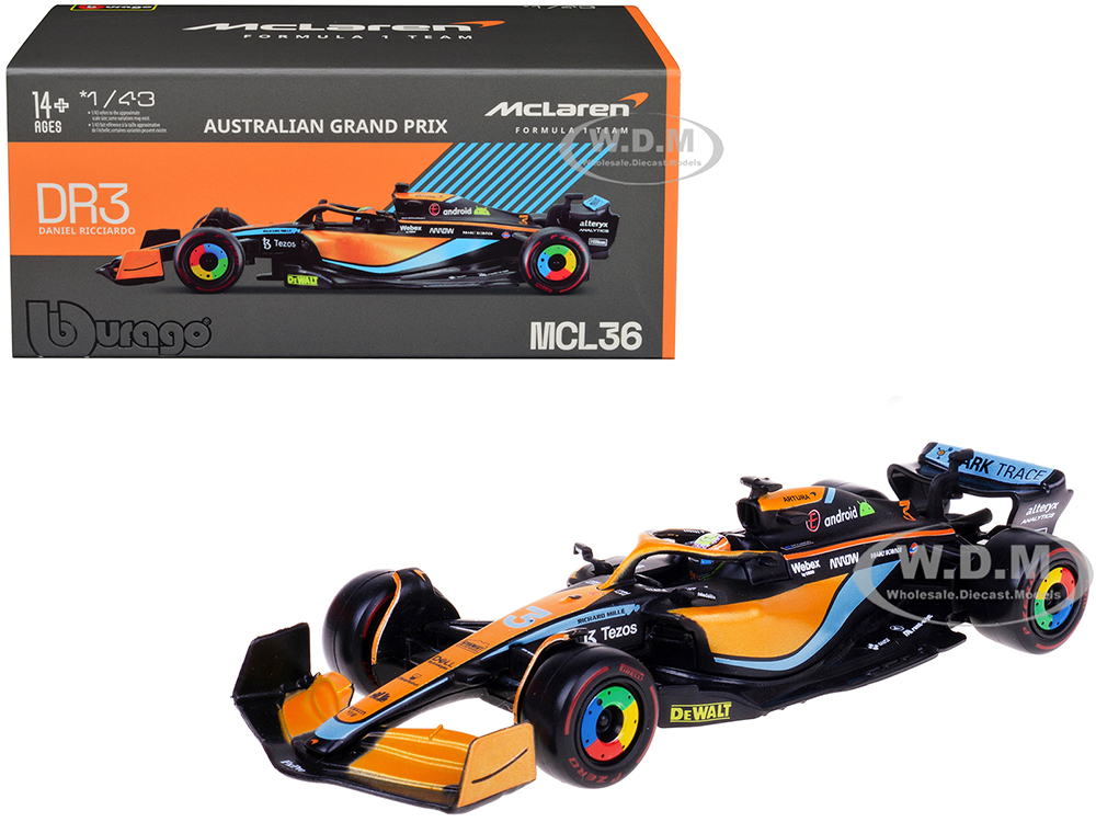 McLaren MCL36 3 Daniel Ricciardo Formula One F1 "Australian GP" (2022) with Display Case 1/43 Diecast Model Car by Bburago