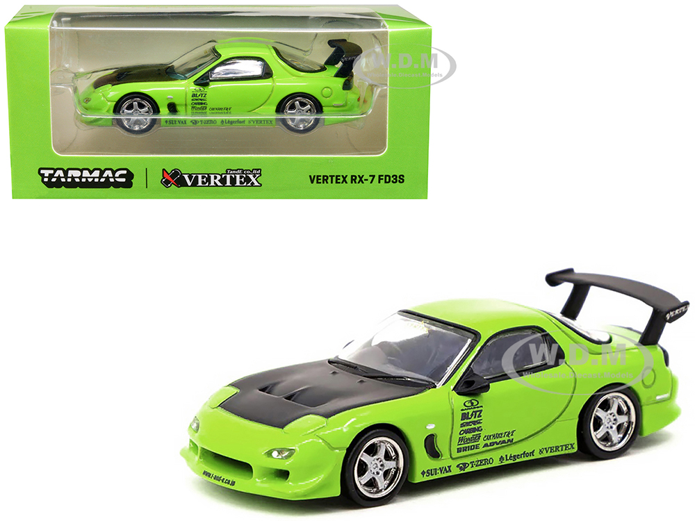 Vertex RX-7 FD3S RHD (Right Hand Drive) Light Green with Matt Black Hood and Graphics Global64 Series 1/64 Diecast Model Car by Tarmac Works