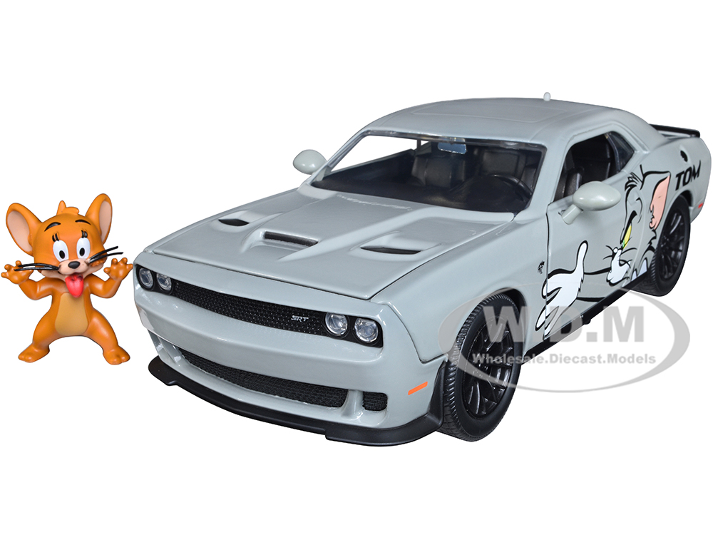 2015 Dodge Challenger Hellcat Gray with Tom Graphics and Jerry Diecast Figure Tom and Jerry Hollywood Rides Series 1/24 Diecast Model Car by Jada