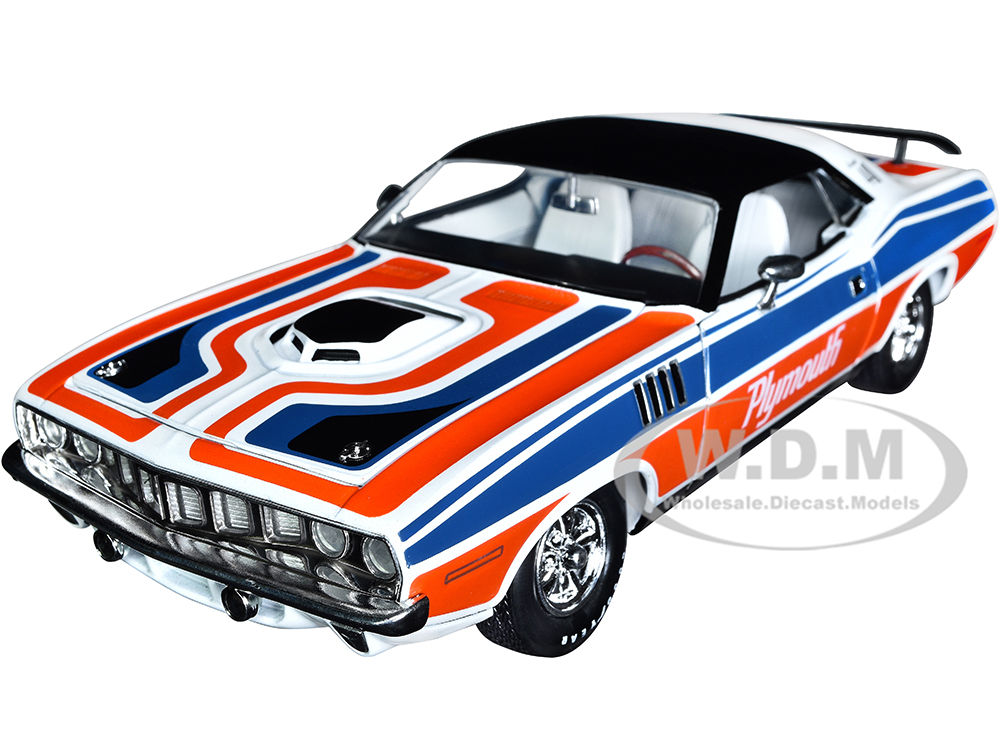 1971 Plymouth Barracuda 440 Pearl White with Blue and Red Stripes and Black Top Limited Edition to 6550 pieces Worldwide 1/24 Diecast Model Car by M2