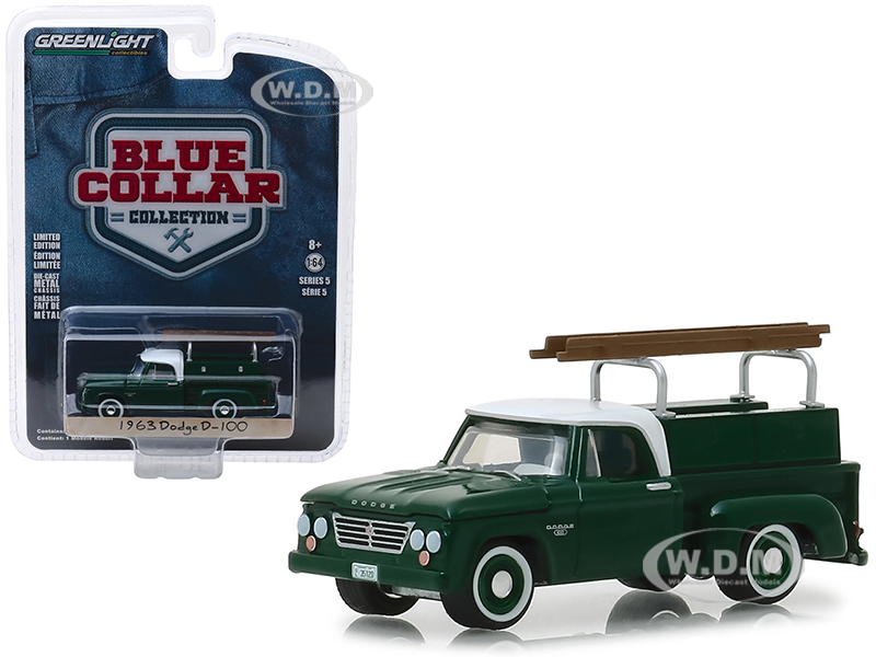 1963 Dodge D-100 Pickup Truck With Ladder Rack Green With White Top "blue Collar Collection" Series 5 1/64 Diecast Model Car By Greenlight