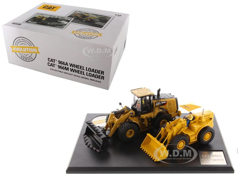 Image of CAT Caterpillar 966A Wheel Loader (Circa 1960-1963) and CAT Caterpillar 966M Wheel Loader (Current) with Operators "Evolution Series" 1/50 Diecast Mo