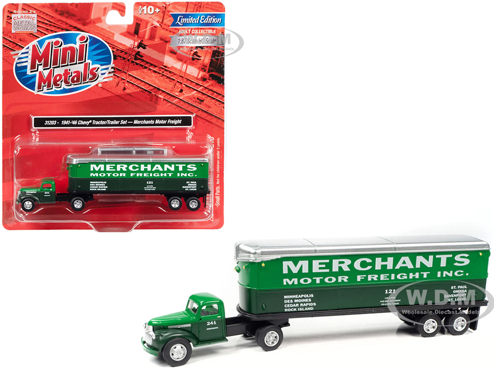 1941-1946 Chevrolet Truck and Trailer Set Merchants Motor Freight Inc. Green and Dark Green 1/87 (HO) Scale Model by Classic Metal Works