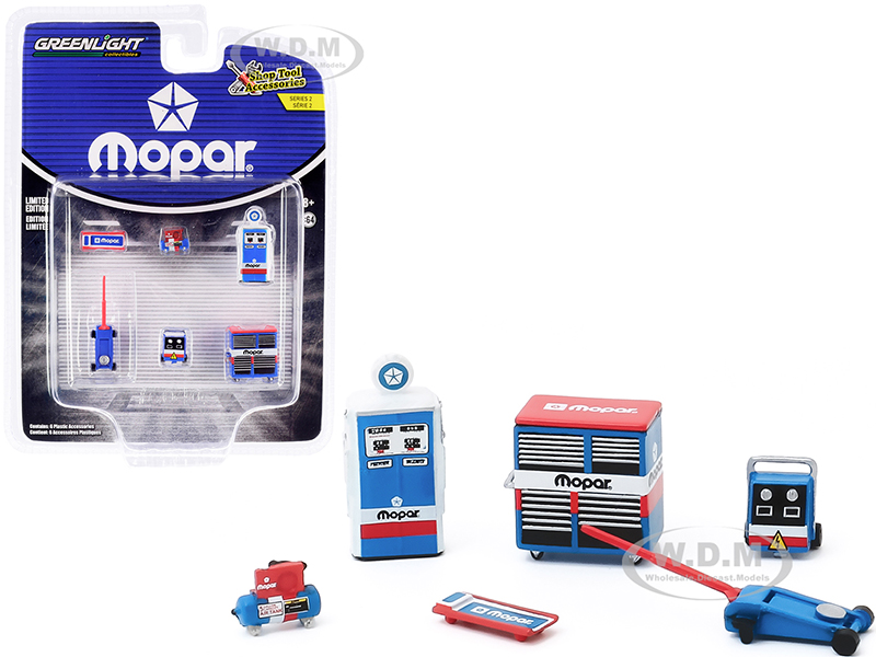 Image of "MOPAR Parts &amp; Service" 6 piece Shop Tools Set "Shop Tool Accessories" Series 2 1/64 by Greenlight