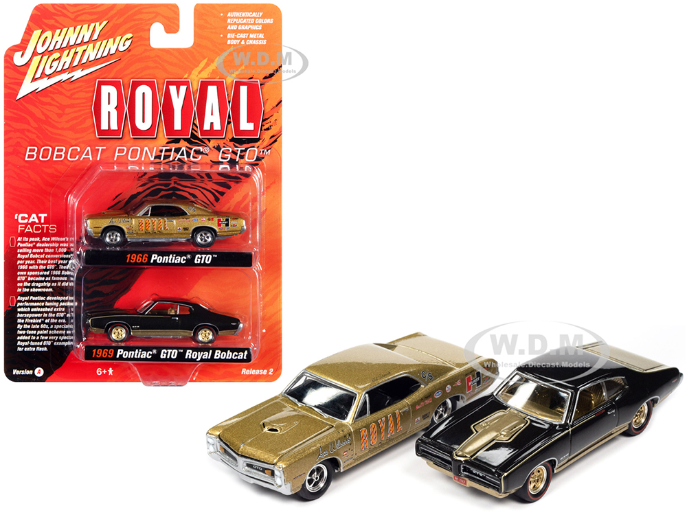 1966 Pontiac GTO "Royal" Gold and 1969 Pontiac GTO Royal Bobcat Espresso Brown "Pontiac Royal" Set of 2 pieces 1/64 Diecast Model Cars by Johnny Ligh