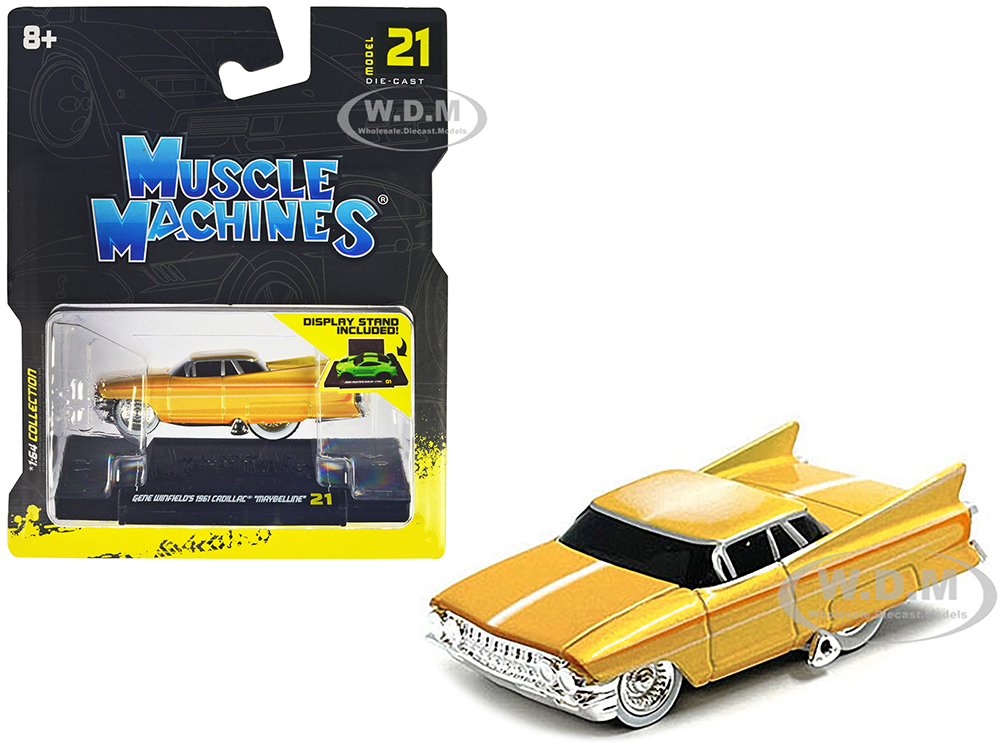 Gene Winfields 1961 Cadillac Maybelline Yellow Metallic with White Stripes 1/64 Diecast Model Car by Muscle Machines
