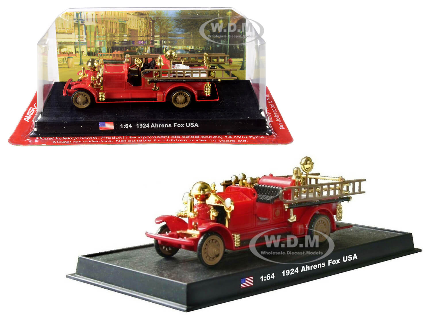 1924 Ahrens Fox Fire Engine Red and Gold 1/64 Diecast Model by Amercom
