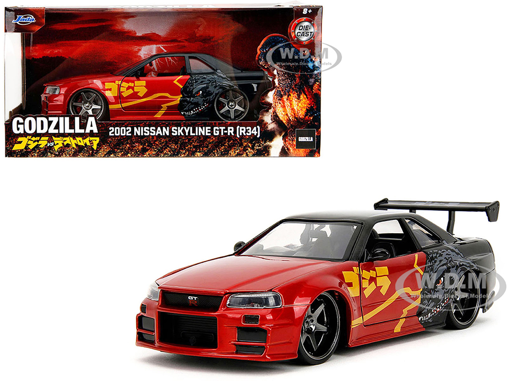 2002 Nissan Skyline GT-R (R34) RHD (Right Hand Drive) Red Metallic and Black "Godzilla vs. Destoroyah" (1995) Movie "Hollywood Rides" Series 1/24 Die