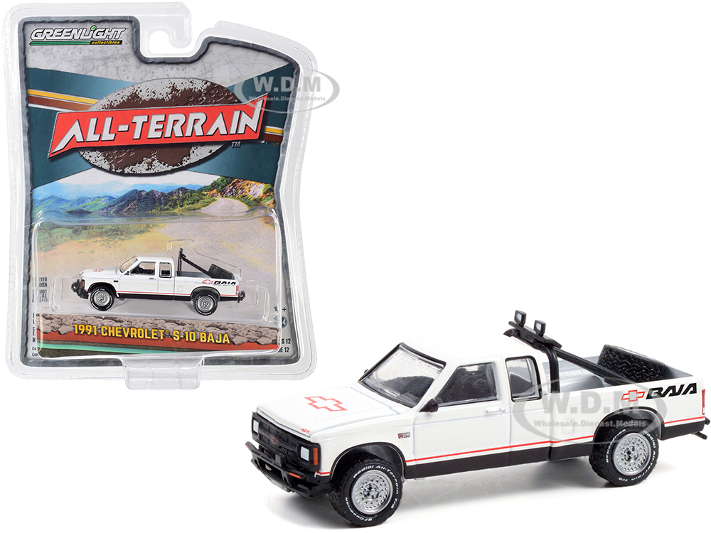 1991 Chevrolet S-10 Baja Extended Cab Pickup Truck White with Graphics "All Terrain" Series 12 1/64 Diecast Model Car by Greenlight