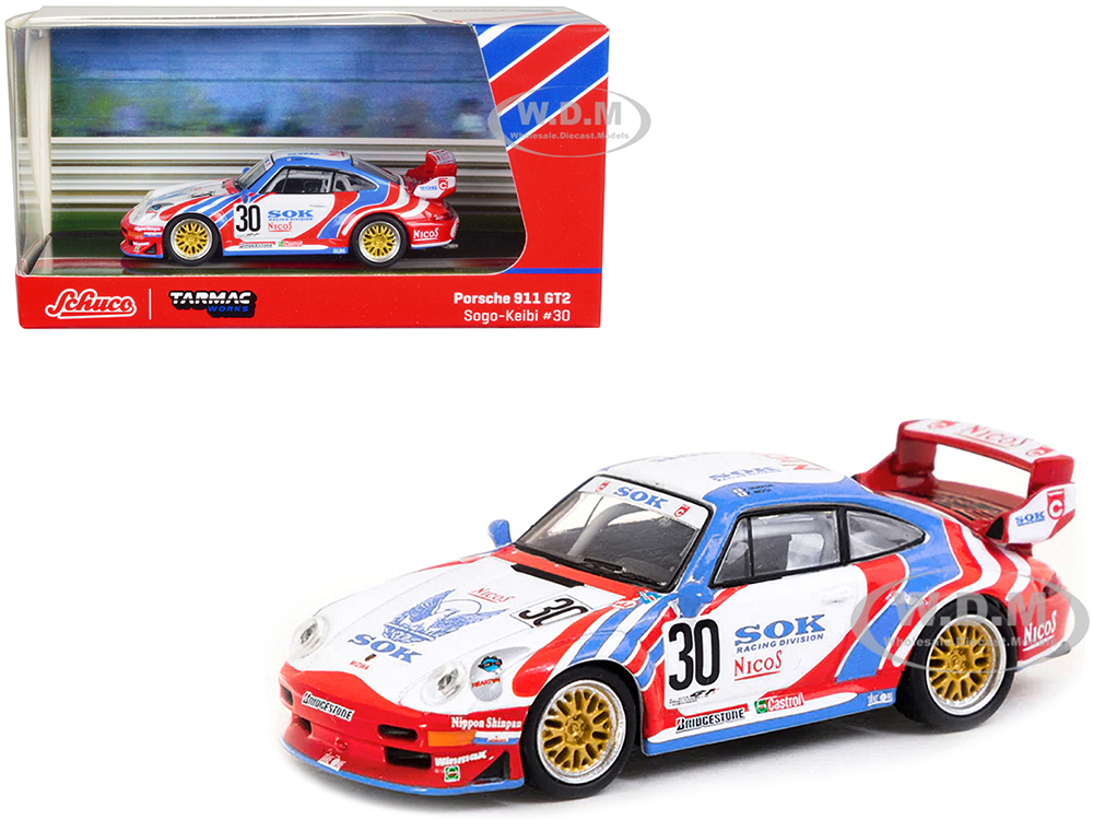 Porsche 911 GT2 #30 Sohgo-Keibi White with Red and Blue Graphics Collab64 Series 1/64 Diecast Model Car by Schuco & Tarmac Works
