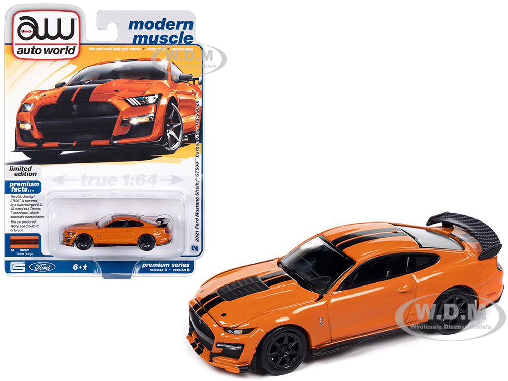 2021 Ford Mustang Shelby GT500 Carbon Fiber Track Pack Twister Orange with Black Stripes "Modern Muscle" Limited Edition 1/64 Diecast Model Car by Au