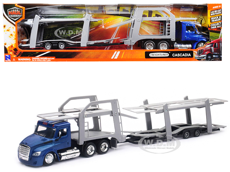 Freightliner Cascadia With Twin Auto Carrier Blue And Gray "long Haul Trucker" 1/43 Diecast Model By New Ray
