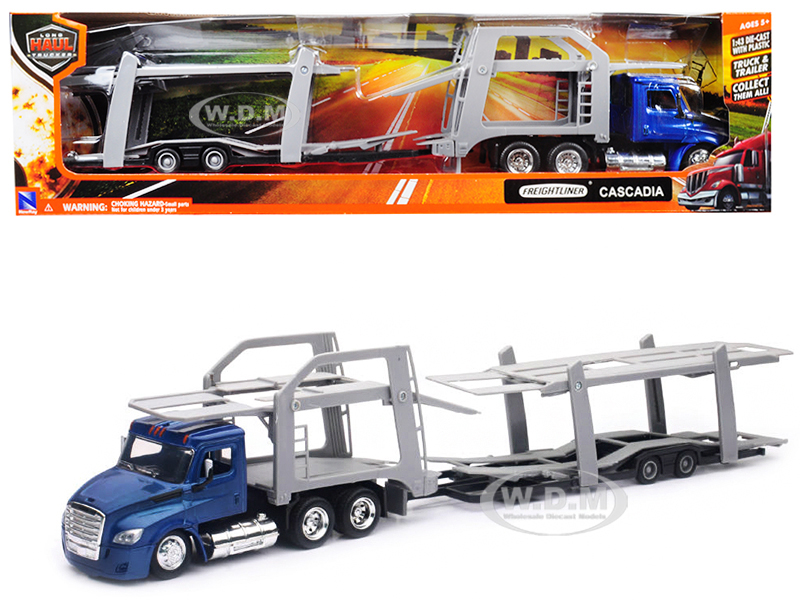 Image of Freightliner Cascadia with Twin Auto Carrier Blue and Gray "Long Haul Trucker" 1/43 Diecast Model by New Ray