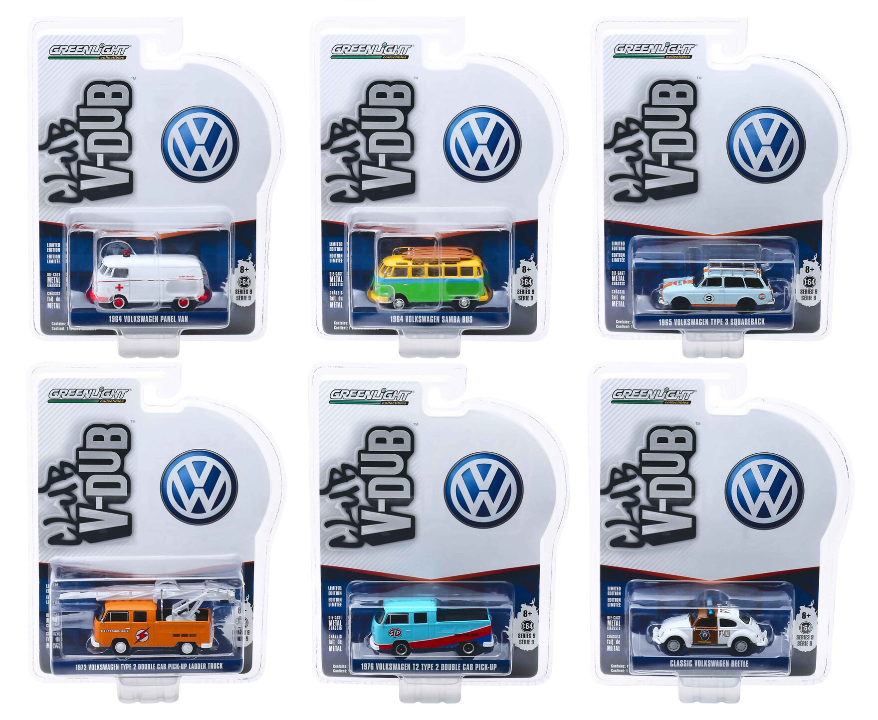 "Club Vee V-Dub" Series 9 6 piece Set 1/64 Diecast Model Cars by Greenlight