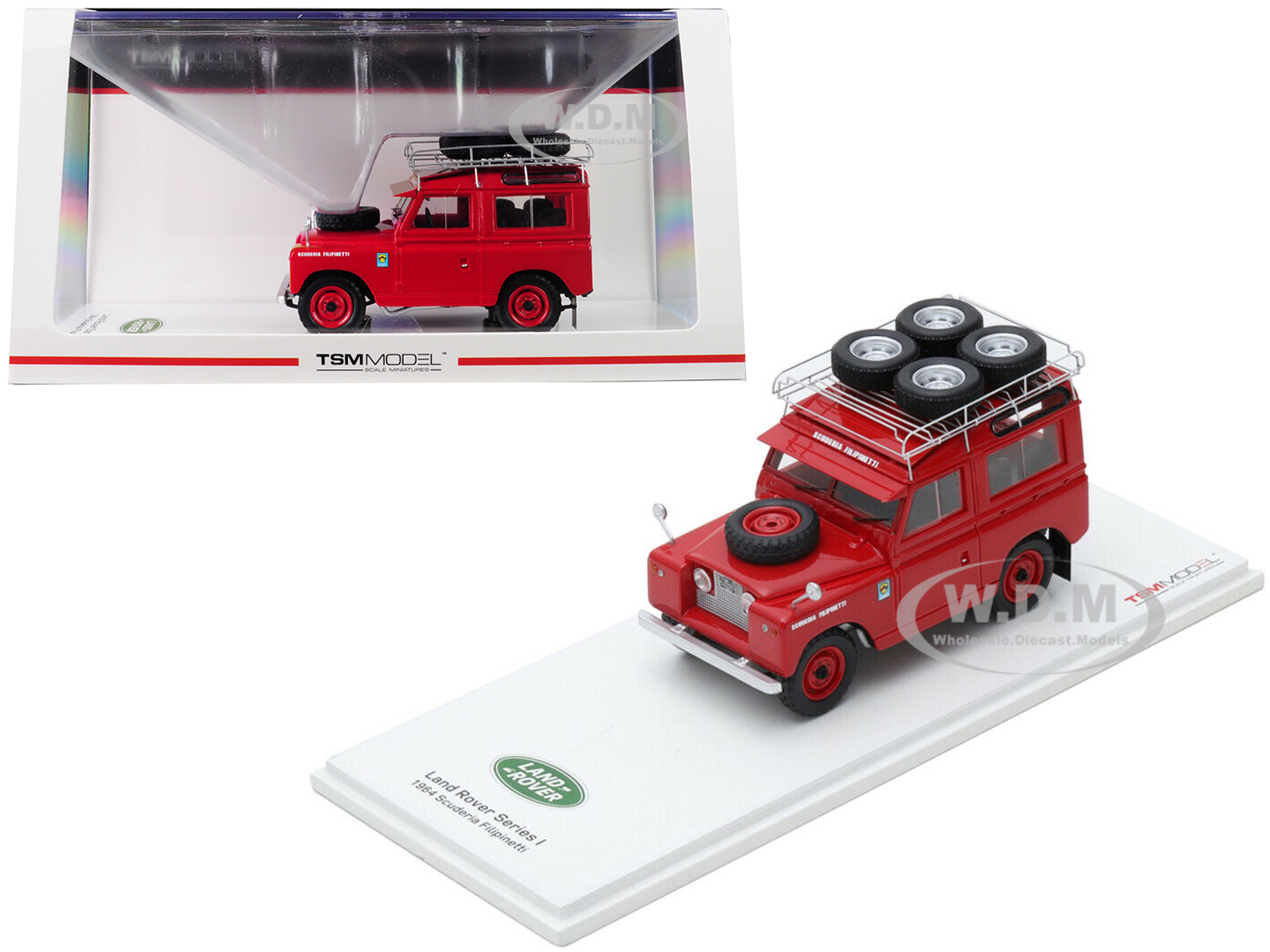 Image of 1964 Land Rover Series I "Scuderia Filipinetti" Red with Roof Rack and Tires 1/43 Model Car by True Scale Miniatures