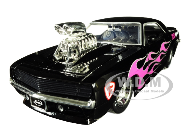 Image of 1969 Chevrolet Camaro with Blower Black and Pink Flames "Bigtime Muscle" Series 1/24 Diecast Model Car by Jada