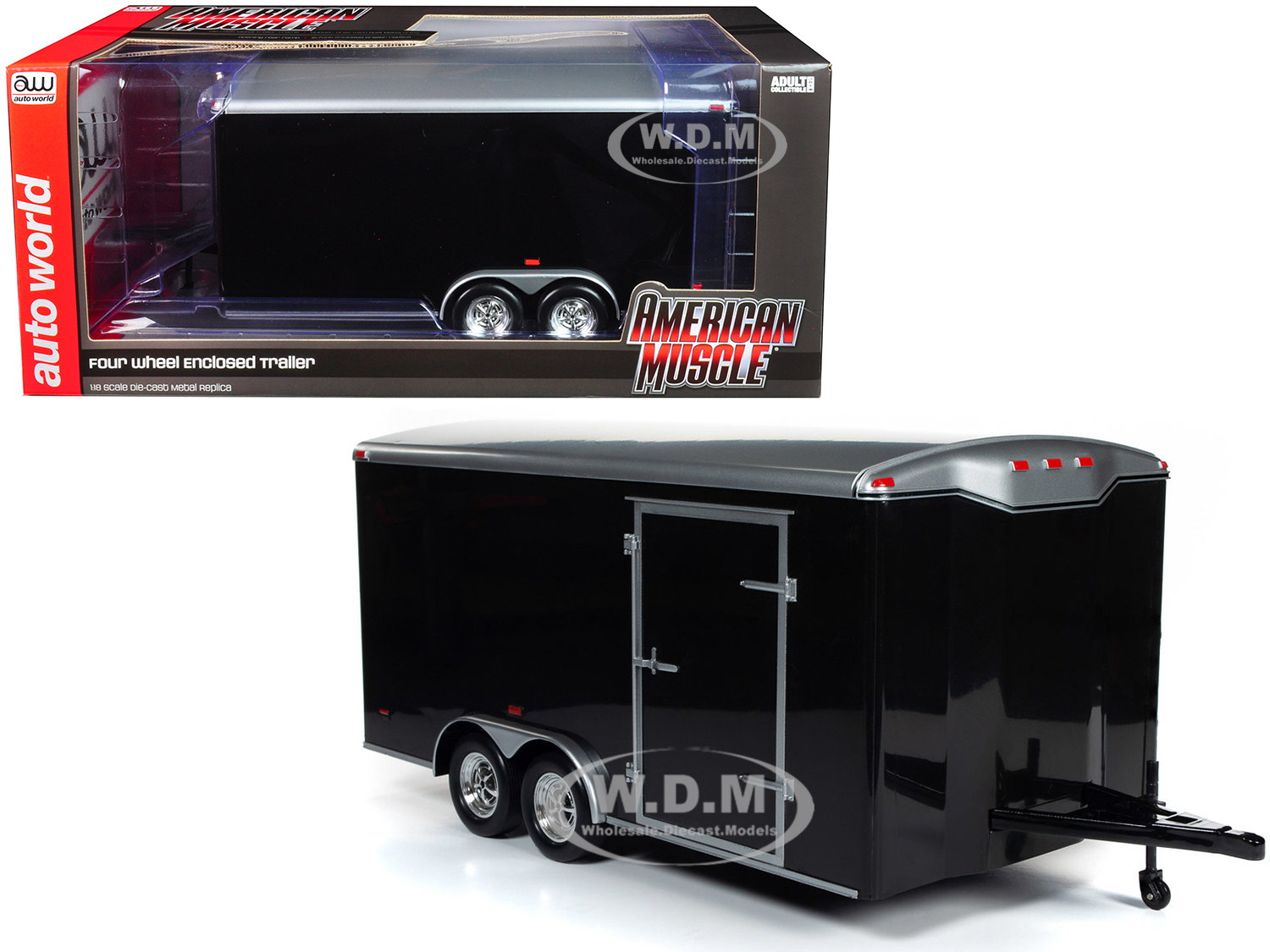 Four Wheel Enclosed Trailer Black With Silver Top For 1/18 Scale Model Cars By Autoworld