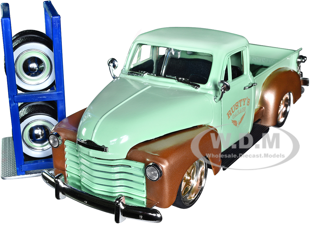 1953 Chevrolet 3100 Pickup Truck Light Green and Gold Metallic "Rustys Garage" with Extra Wheels "Just Trucks" Series 1/24 Diecast Model Car by Jada