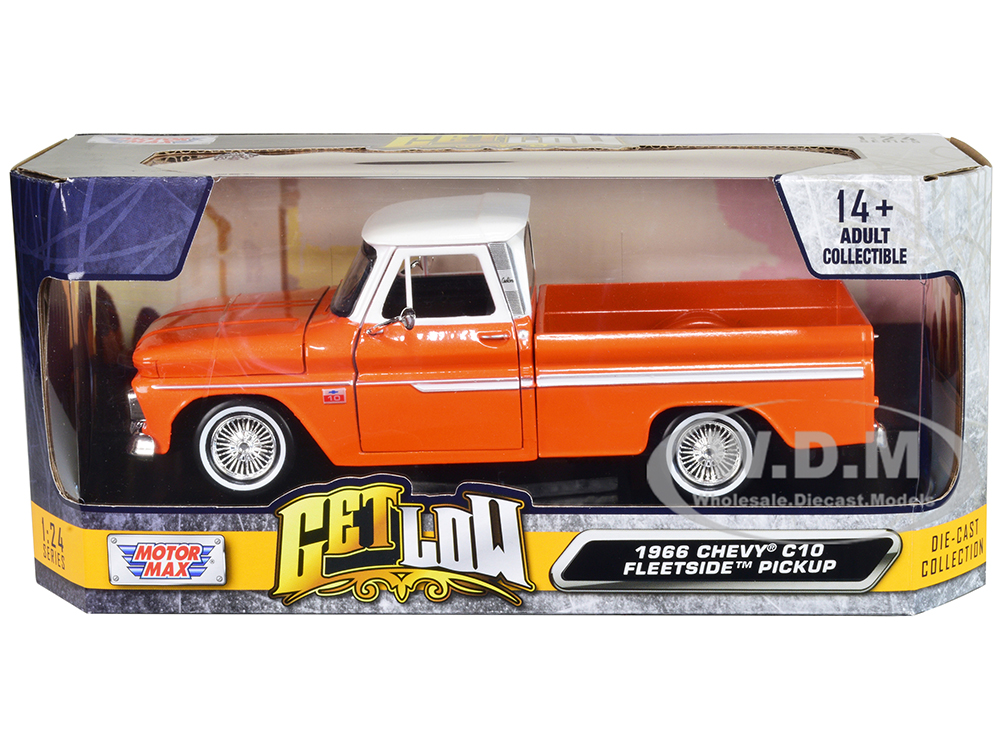 1966 Chevrolet C10 Fleetside Pickup Truck Lowrider Orange Metallic With White Top Get Low Series 1/24 Diecast Model Car By Motormax