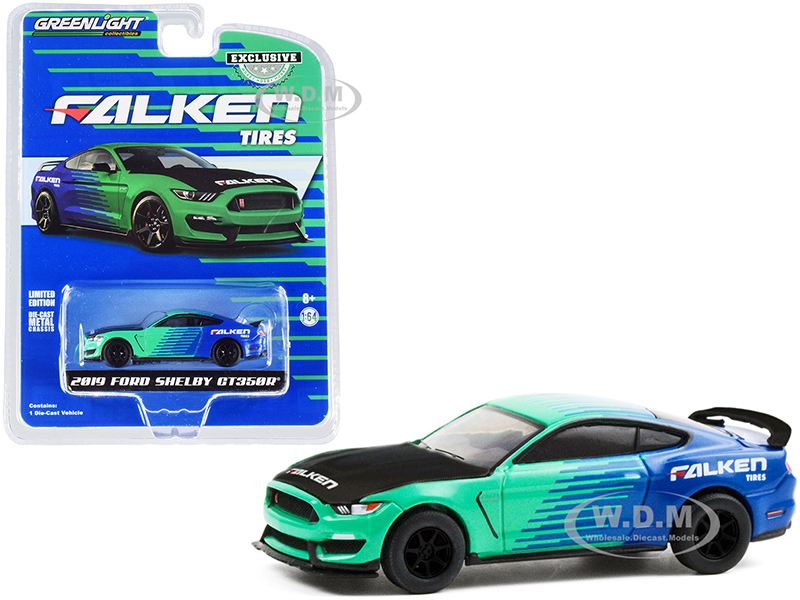 Image of 2019 Ford Mustang Shelby GT350R "Falken Tires" Green and Blue with Carbon Hood "Hobby Exclusive" 1/64 Diecast Model Car by Greenlight