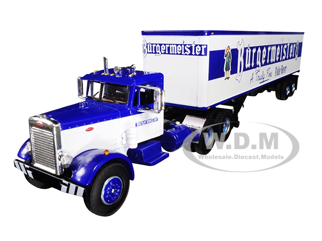 Image of Peterbilt 351 Day Cab with 40 Vintage Trailer "Burgermeister" Blue and White 25th in a "Fallen Flags Series" 1/64 Diecast Model by First Gear