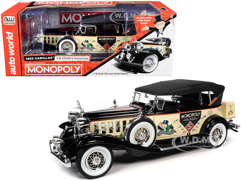 1932 Cadillac V16 Sport Phaeton Convertible and Mr. Monopoly Resin Figurine 1/18 Diecast Model Car by Autoworld