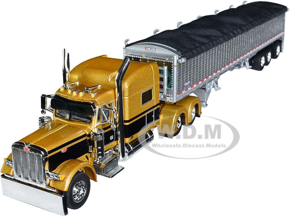 Peterbilt 379 with 70" Mid-Roof Sleeper and Wilson Pacesetter 50 Tri-Axle Grain Trailer Gold with Black Stripes 1/64 Diecast Model by DCP/First Gear