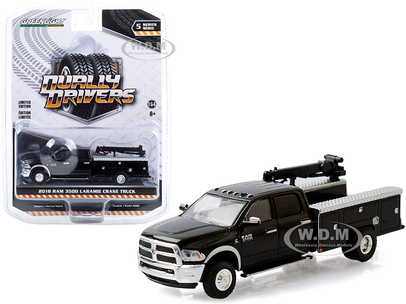 Image of 2018 Ram 3500 Laramie Dually Crane Truck Brilliant Black "Dually Drivers" Series 5 1/64 Diecast Model Car by Greenlight